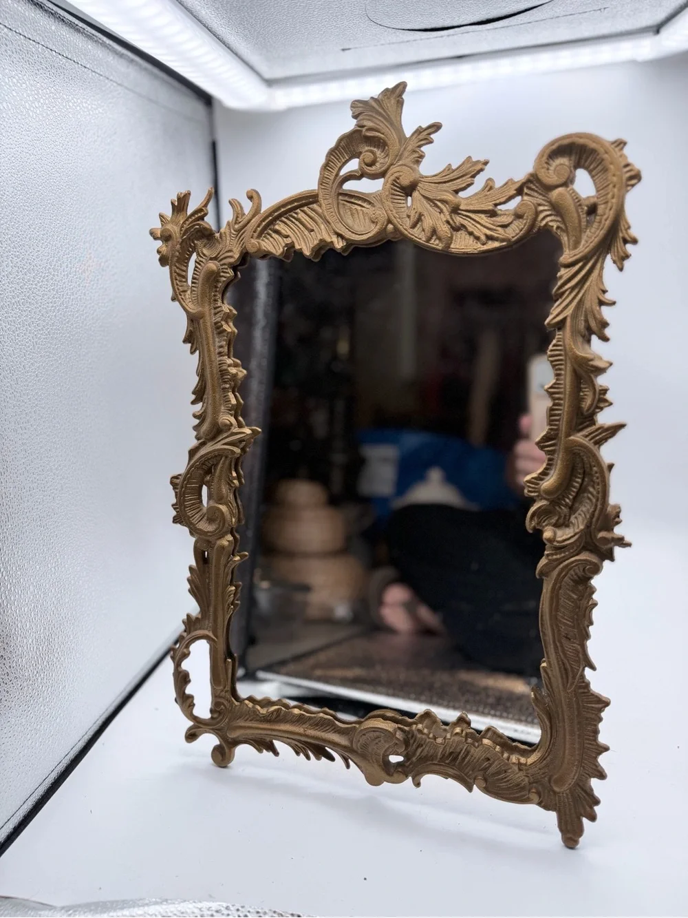 Vintage Iron Art JM 56 Ornate Gold Cast Iron Freestanding Vanity Mirror – Rococo